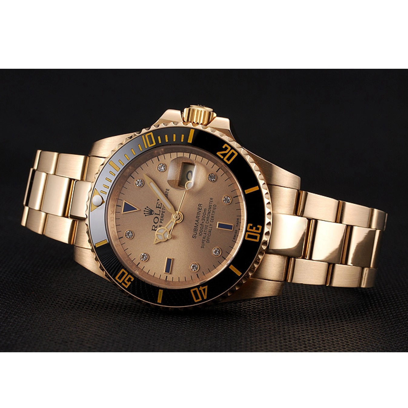 Rolex aaa copy Rolex Case Yellow Swiss Gold Bracelet And Submariner Diamond Markings With Black Dial Bezel Gold 0616